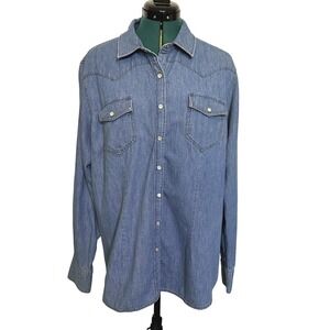 Ariat Shirt Womens 2XL‎ Blue Denim Western Pearl Snap Ruffle Yoke Long Sleeve